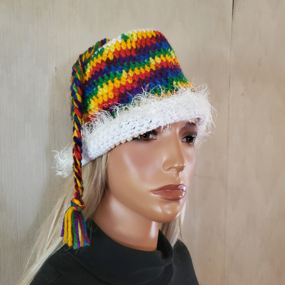Handmade Crochet Rainbow Warm Beanie White Fuzzy Trim Braided Tassel Hat